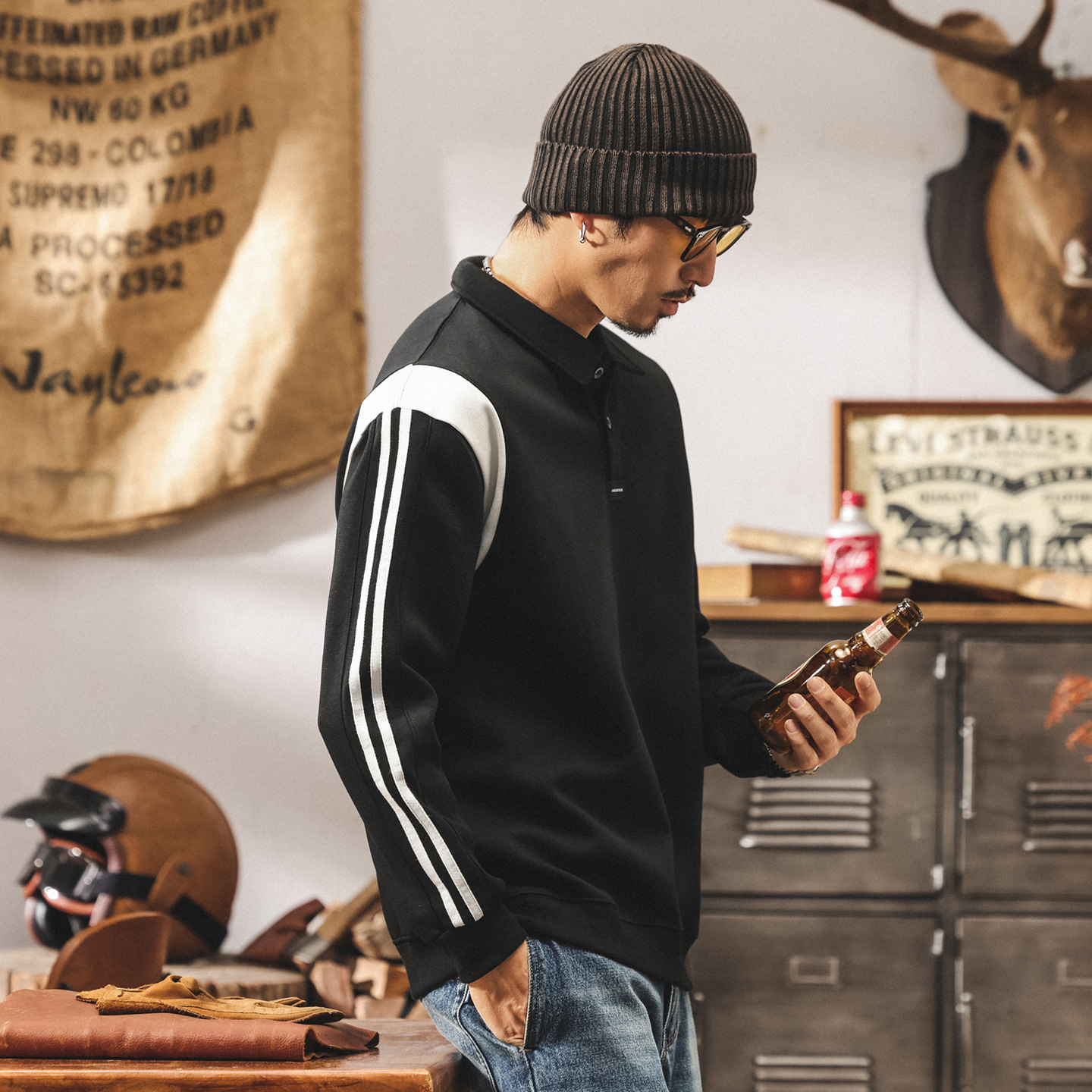 美式復古撞色拼接Polo領衛衣男春秋新款潮牌大碼寬鬆休閒男士上衣