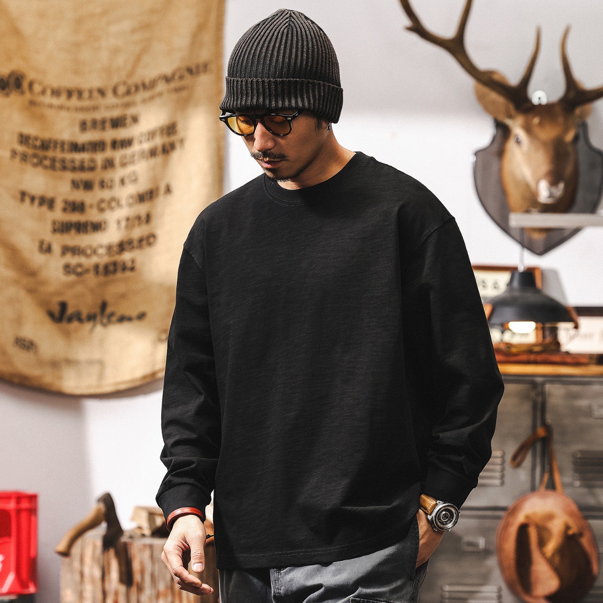 竹節肌理T恤男長袖春秋季2025新款多巴胺紫色寬鬆簡約男士上衣T潮