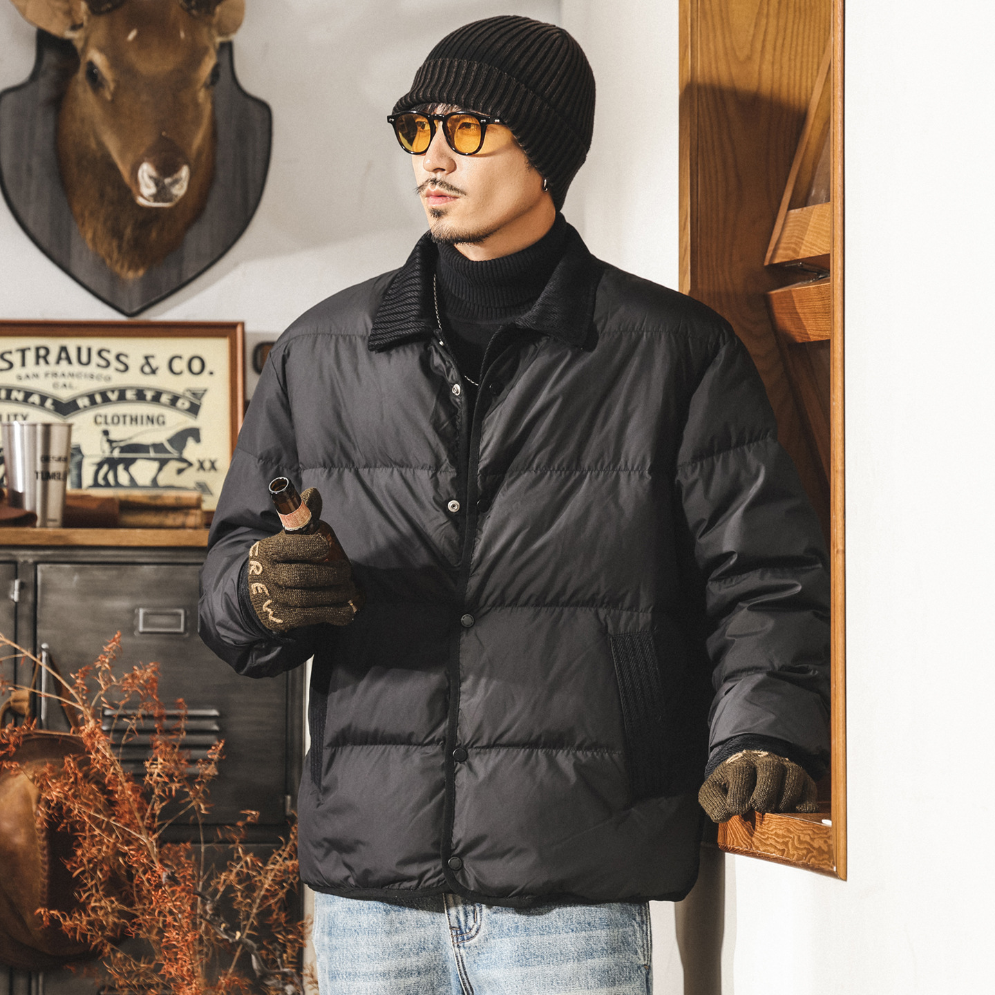 美式復古90白鴨絨假兩件輕便羽絨服男款冬季保暖潮牌面包服外套男