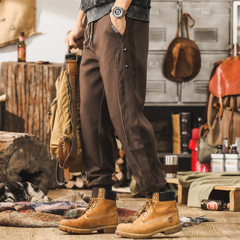 美式復古高級感空氣層抗皺休閒褲男秋冬款加絨潮牌寬鬆運動束腳褲