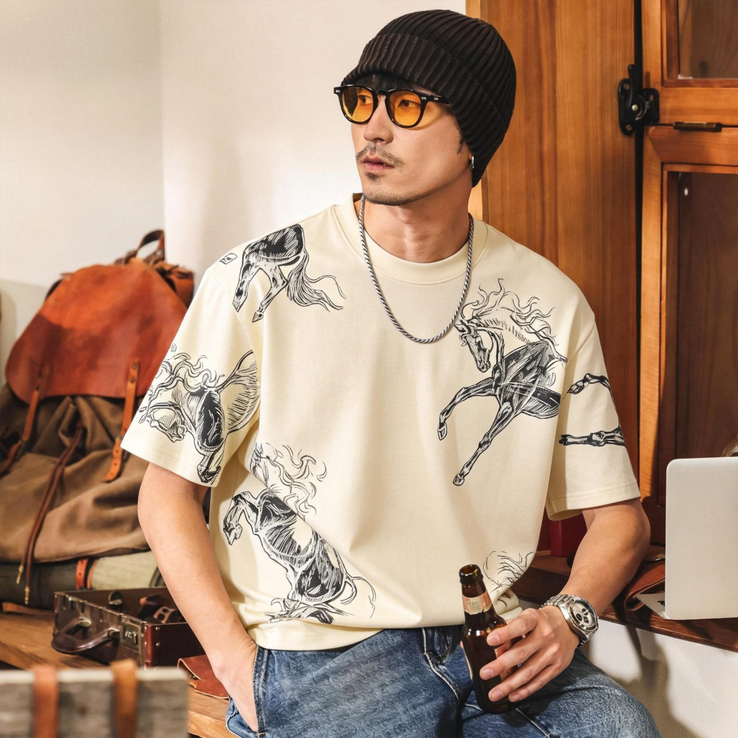 美式復古馬年亞麻T恤男夏季短袖2026新款潮流印花半袖寬鬆上衣男