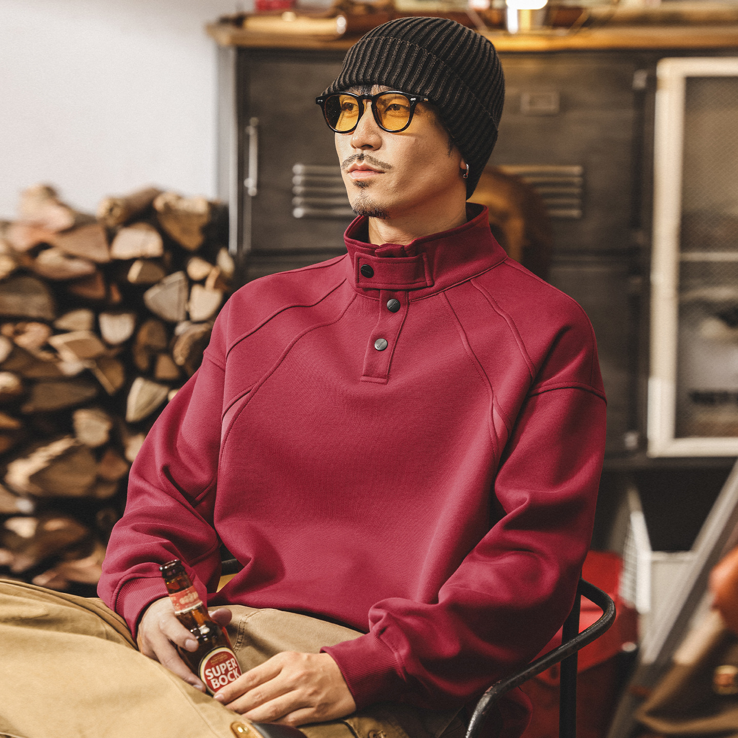 美式復古酒紅色半高領重磅衛衣男春秋新款潮牌寬鬆潮流休閒上衣男