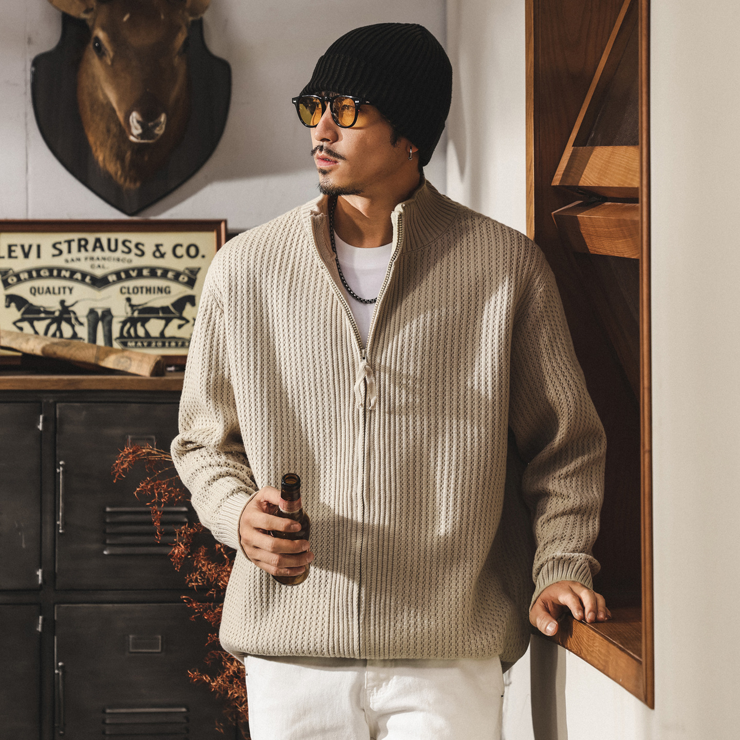 美式復古7針重磅開衫毛衣男春秋新款慵懶風立領針織衫外套男秋冬