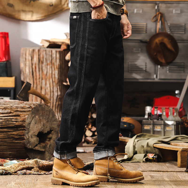 活性染不掉色黑色水洗牛仔褲男春季美式復古潮牌彈力直筒休閒褲男