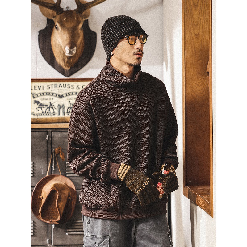 美式復古重磅高領護頸衛衣男春秋潮牌保暖寬鬆打底衫休閒男士上衣