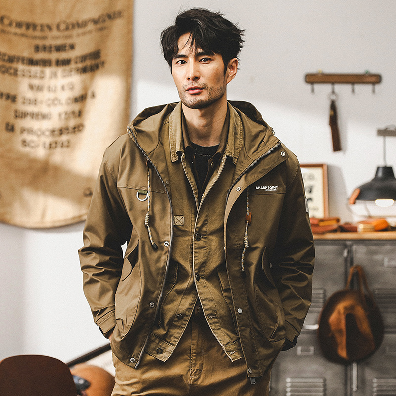 美式複古工裝夾克男春秋款潮牌軍綠色寬松上衣戶外防風連帽外套男