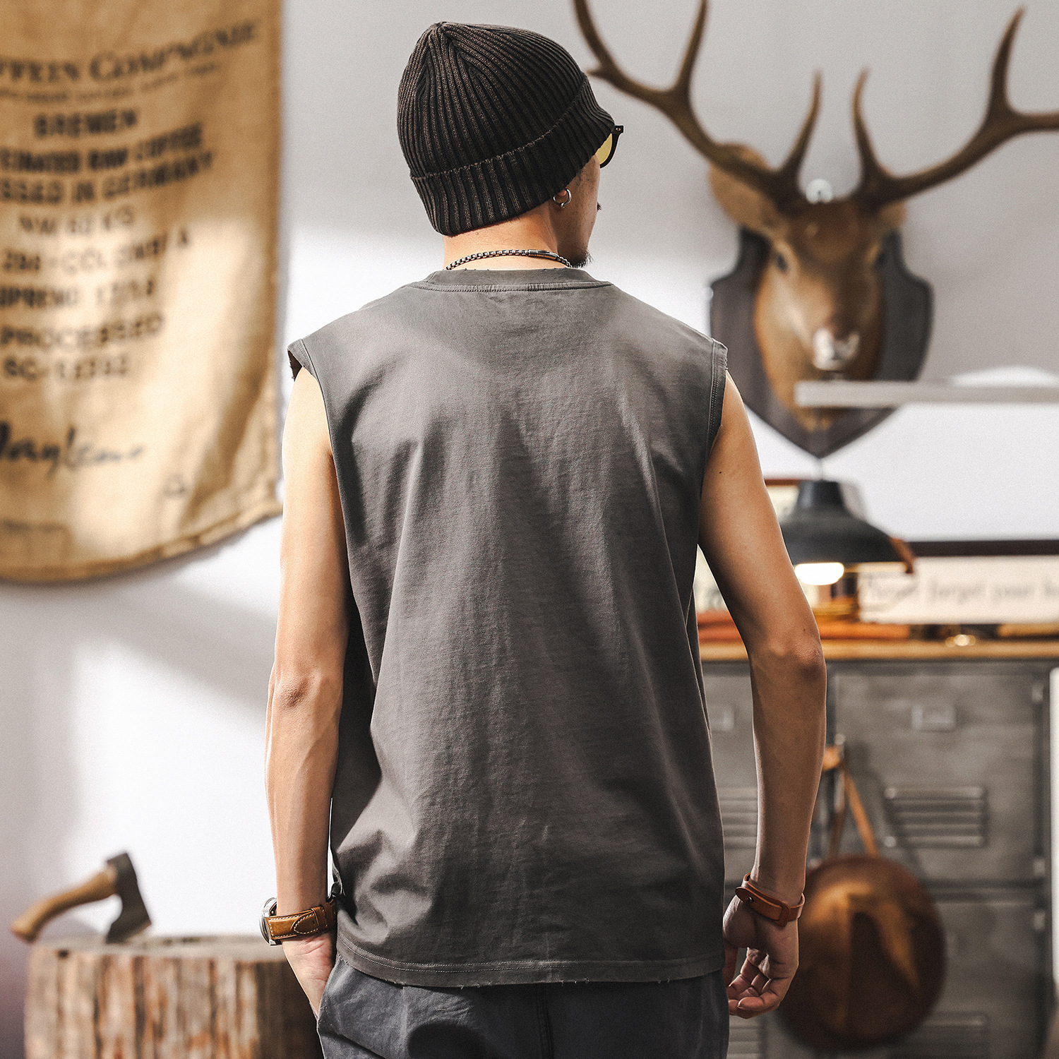 美式復古重磅T恤男2025新款夏季運動健身寬鬆無袖坎肩背心男