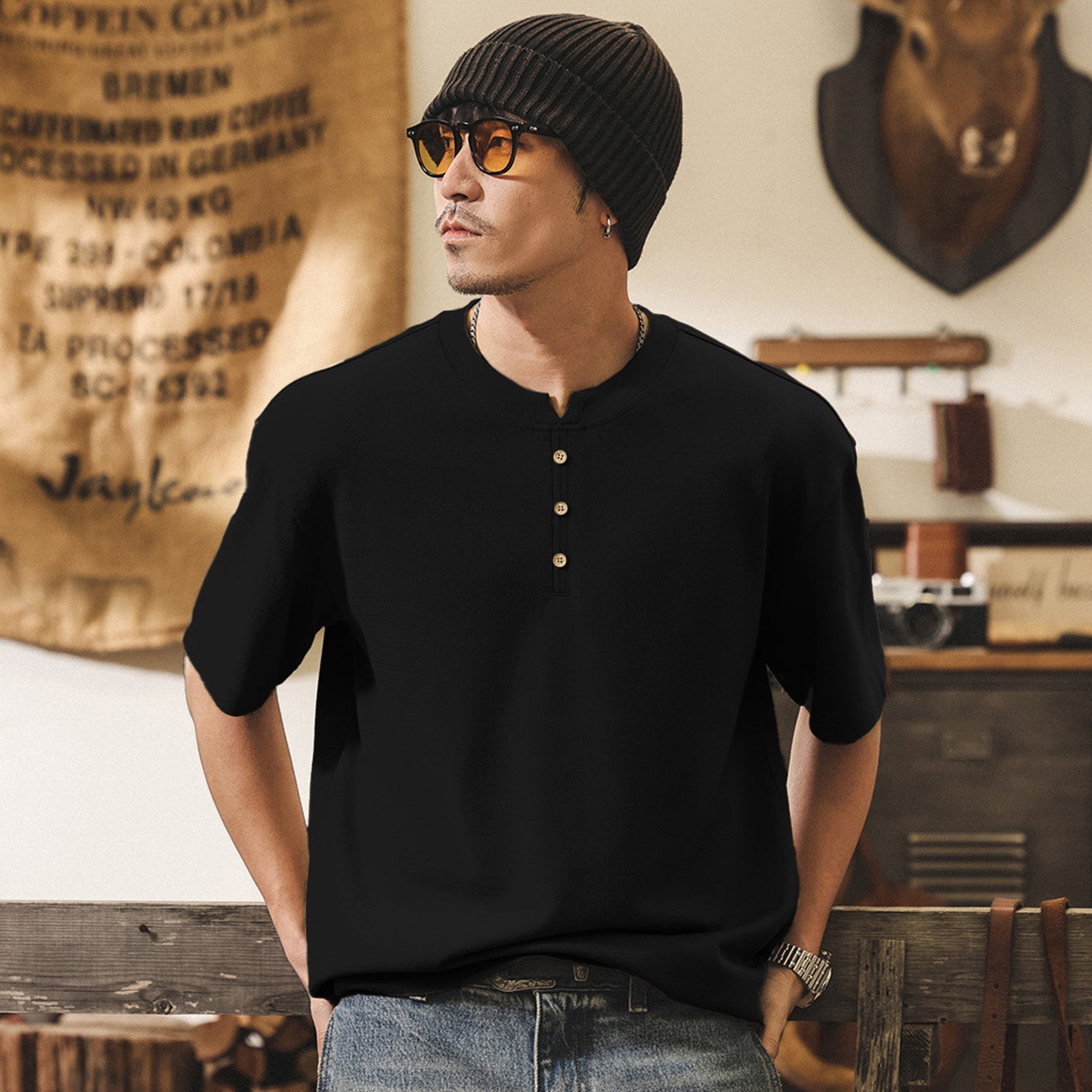 美式復古230g重磅T恤男士短袖Polo衫男夏季新款潮牌寬鬆亨利衫男