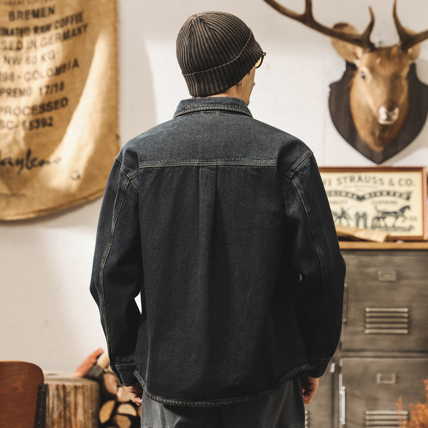 美式復古做舊酵素水洗牛仔外套男春秋寬鬆工裝襯衫男長袖休閒襯衣