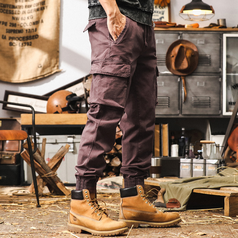美式復古紫色工裝褲男寬鬆潮牌秋季多口袋束腳城市戶外通勤休閒褲