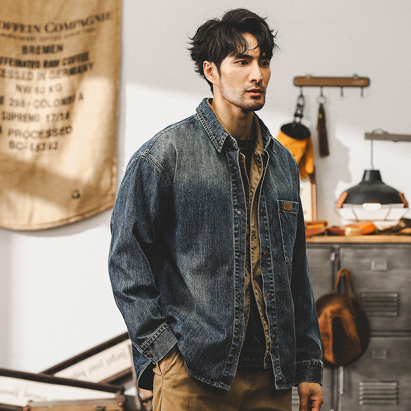 美式重磅竹節棉牛仔外套男款春秋潮牌紋理磨白寬松休閑長袖襯衫男