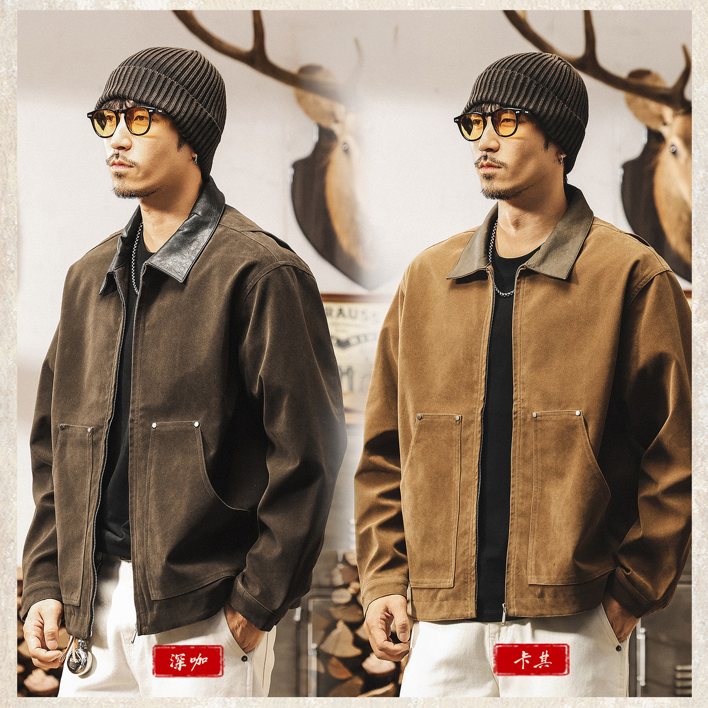 美式復古反絨皮外套男秋春款寬鬆潮牌帥氣工裝機車皮衣夾克男秋季