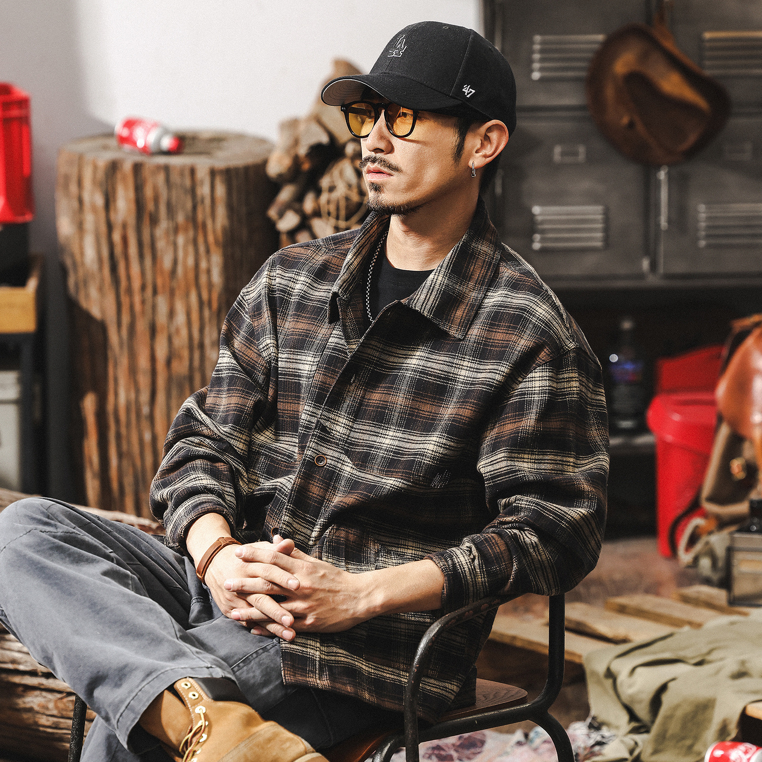 美式復古格子襯衫男長袖秋季新款2025潮牌日系寬鬆休閒襯衣外套潮