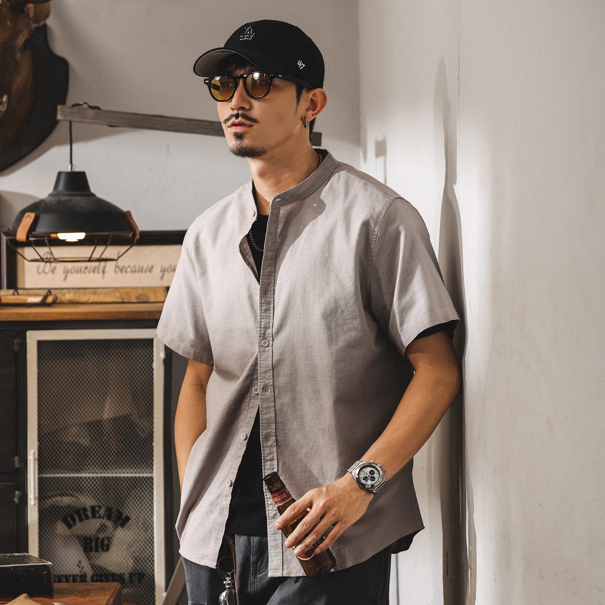 中式復古高級感棉麻襯衫男士短袖夏季新款潮牌寬鬆立領國風襯衣男