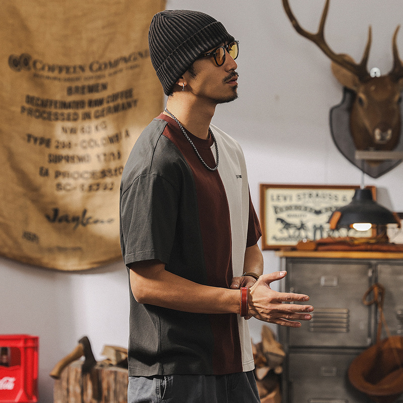 拼接撞色設計短袖男夏季2025新款美式復古250g重磅T恤男上衣