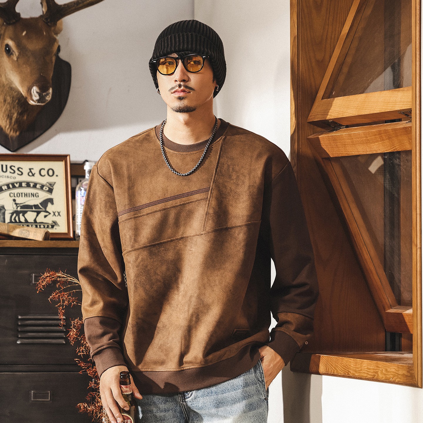 美式復古麂皮絨衛衣男春秋2025新款潮流設計感350g重磅寬鬆上衣男