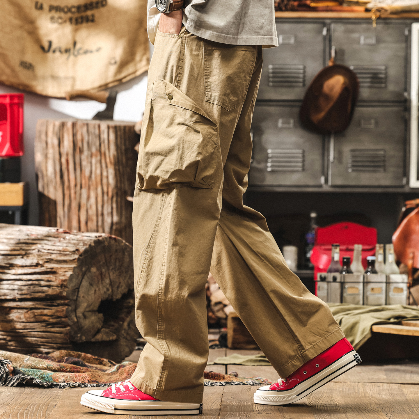 美式復古卡其色彎刀工裝褲子男夏季新款潮牌直筒闊腿褲松休閒長褲