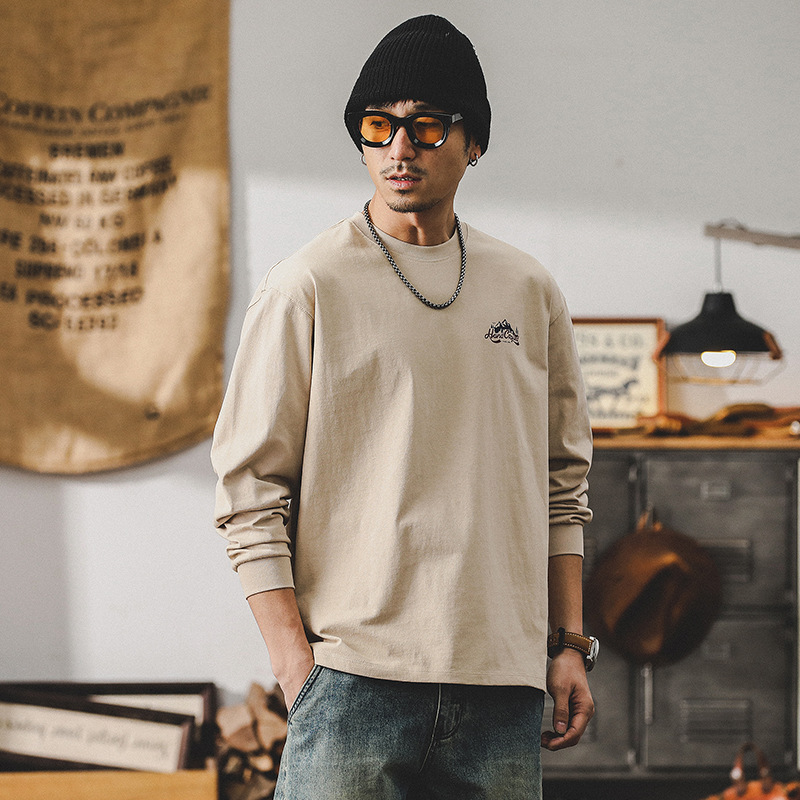 260g重磅双本针男士T恤长袖美式山系印花宽松上衣潮牌衣服男纯棉T