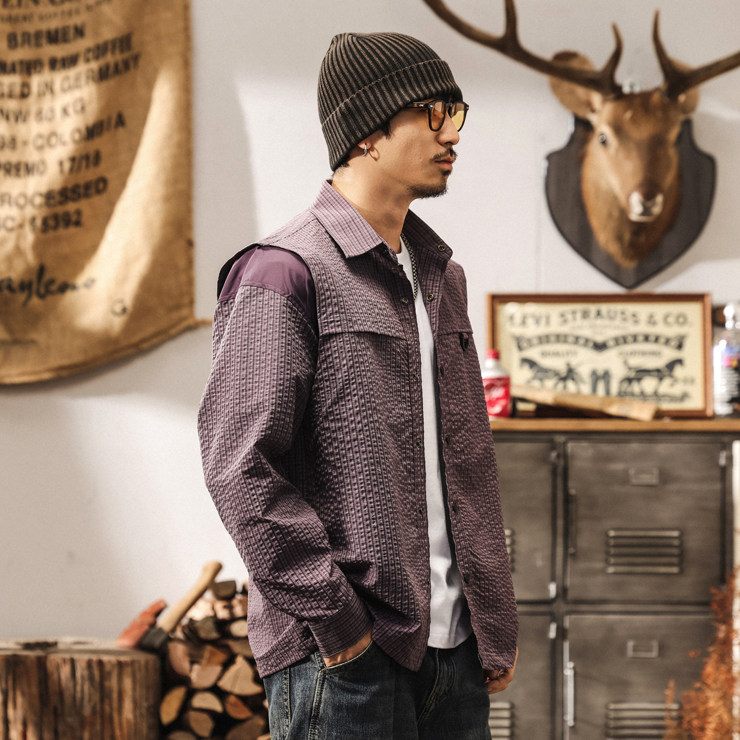 美式復古空氣層蓬鬆感格子襯衫男長袖2025新款寬鬆男士外套春秋款