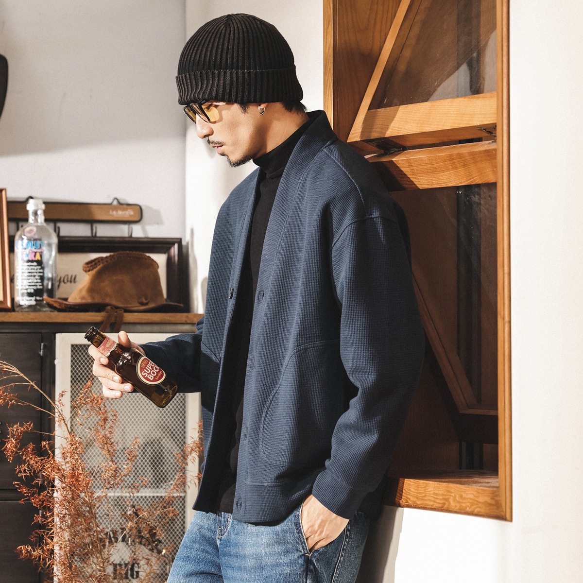 美式復古華夫格開衫外套男春秋慵懶風重磅衛衣寬鬆休閒外套男秋冬