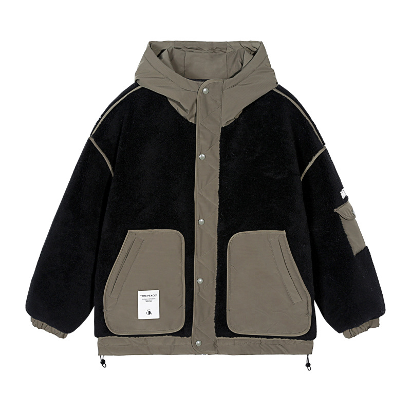 GURBAKS秋冬新款潮牌連帽撞色羽絨服外套男裝拼接工裝顆粒絨羽絨