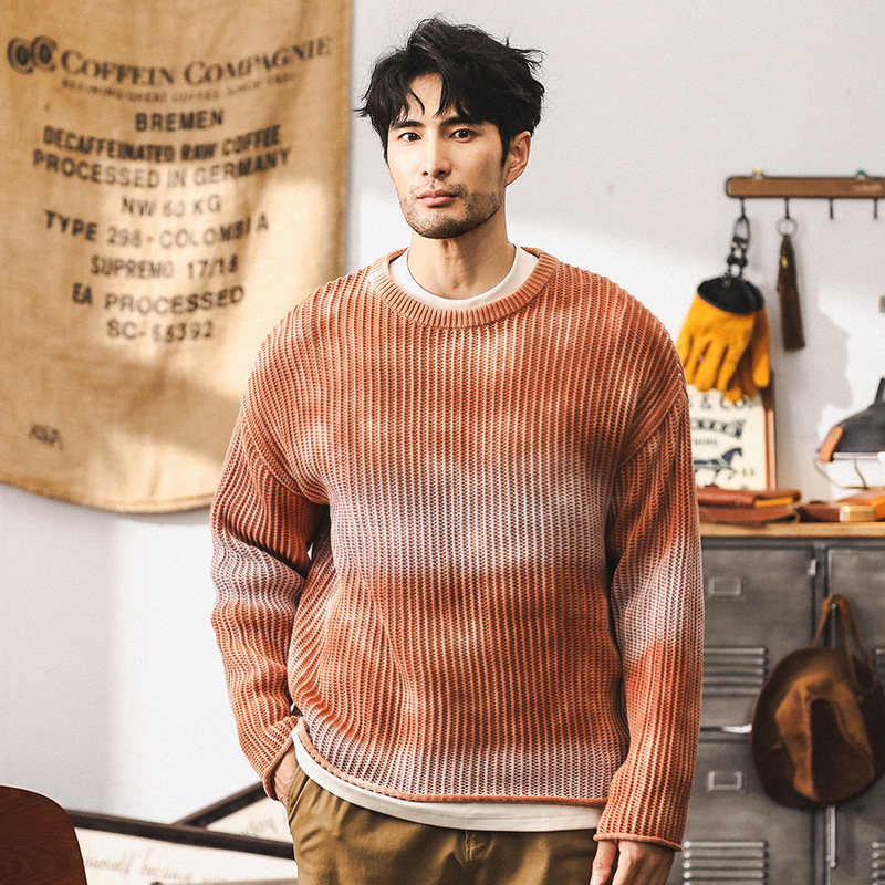 杰雷諾美式重磅復古毛衣男冬季加厚澆染漸變秋冬款男士粗線針織衫