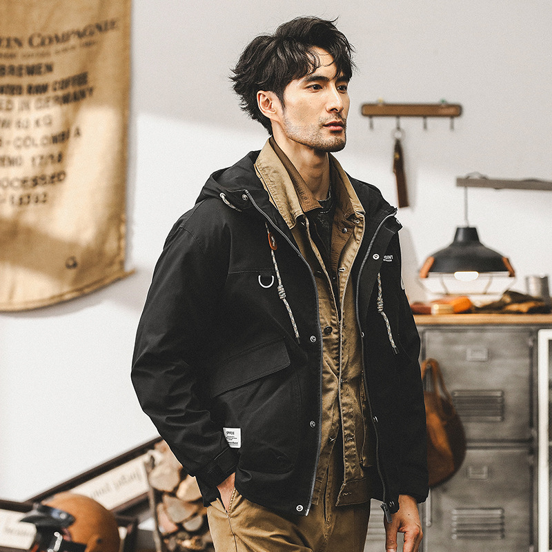 美式復古黑色工裝外套男春秋款寬鬆潮牌戶外機能秋季獵裝連帽夾克