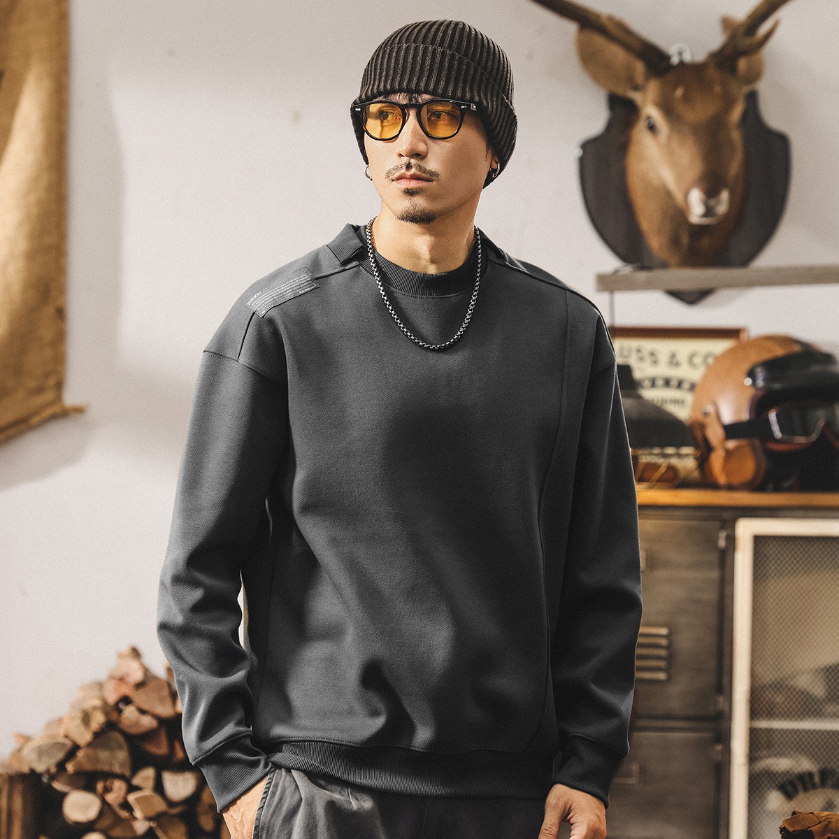 美式復古480g重磅衛衣男春秋2025新款拼接酒紅色寬鬆男士秋季上衣