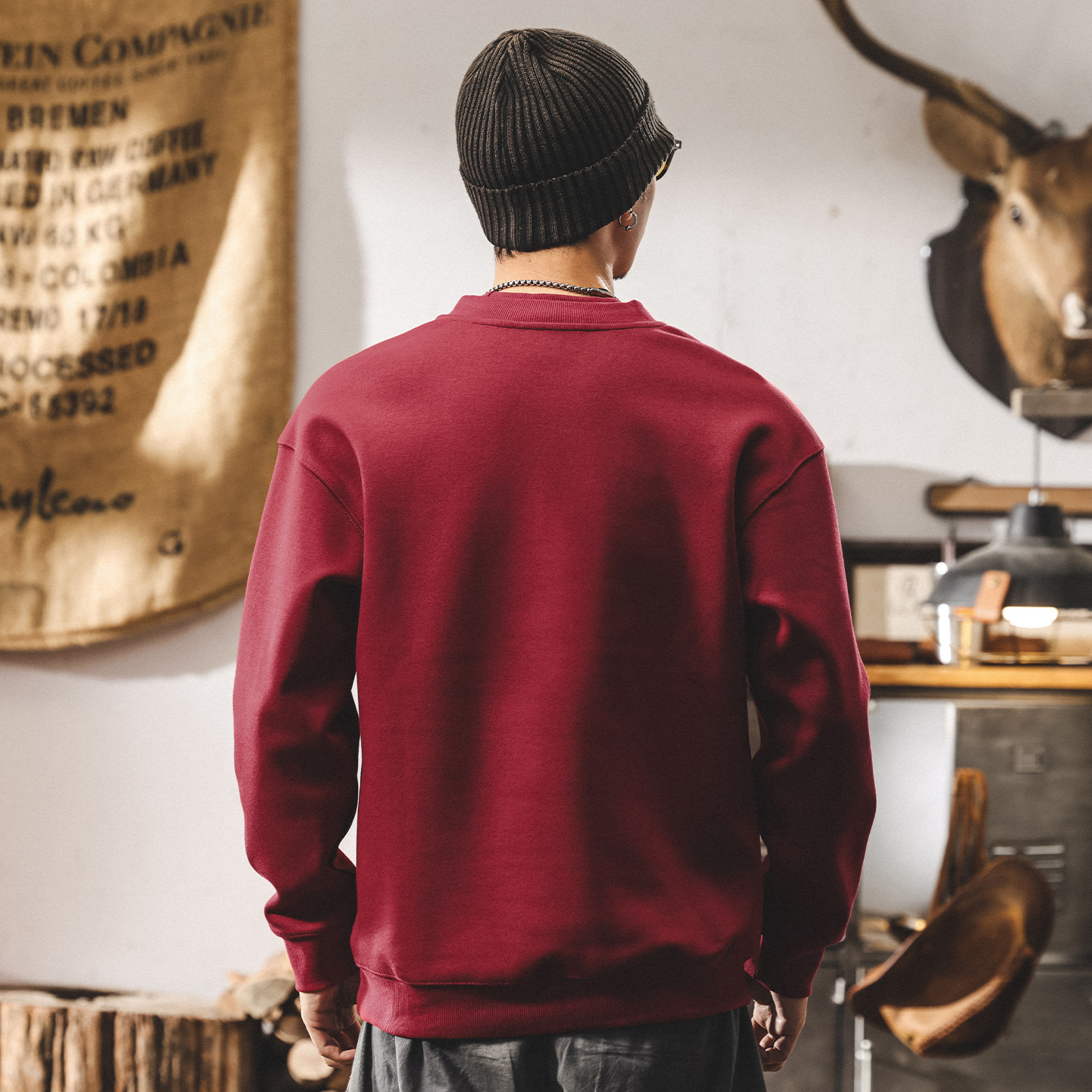 美式復古480g重磅衛衣男春秋2025新款拼接酒紅色寬鬆男士秋季上衣