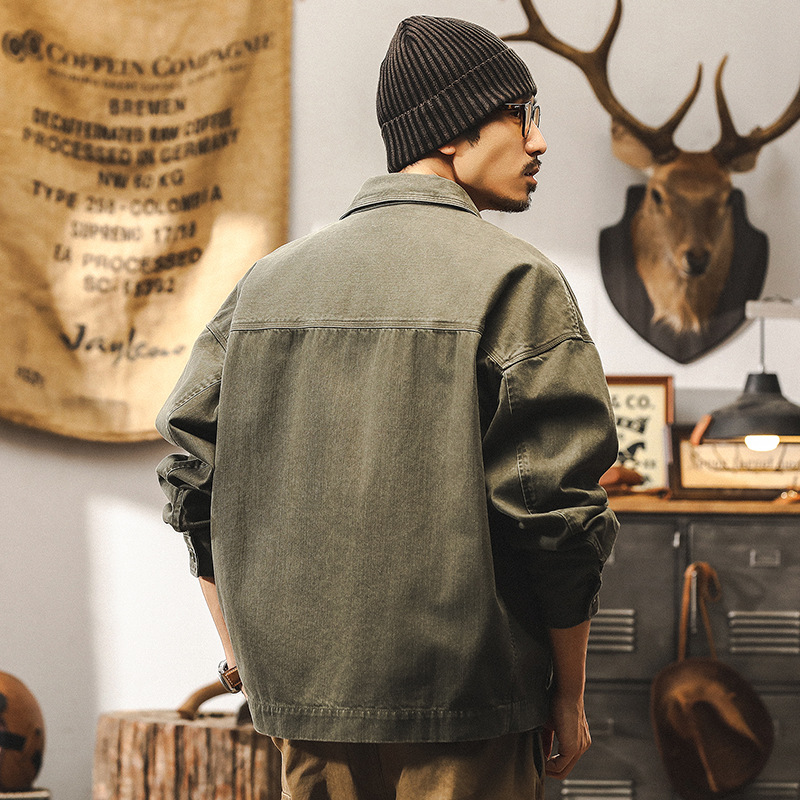 美式復古重磅軍綠色工裝外套男秋季2024新款潮流硬漢寬鬆休閒夾克