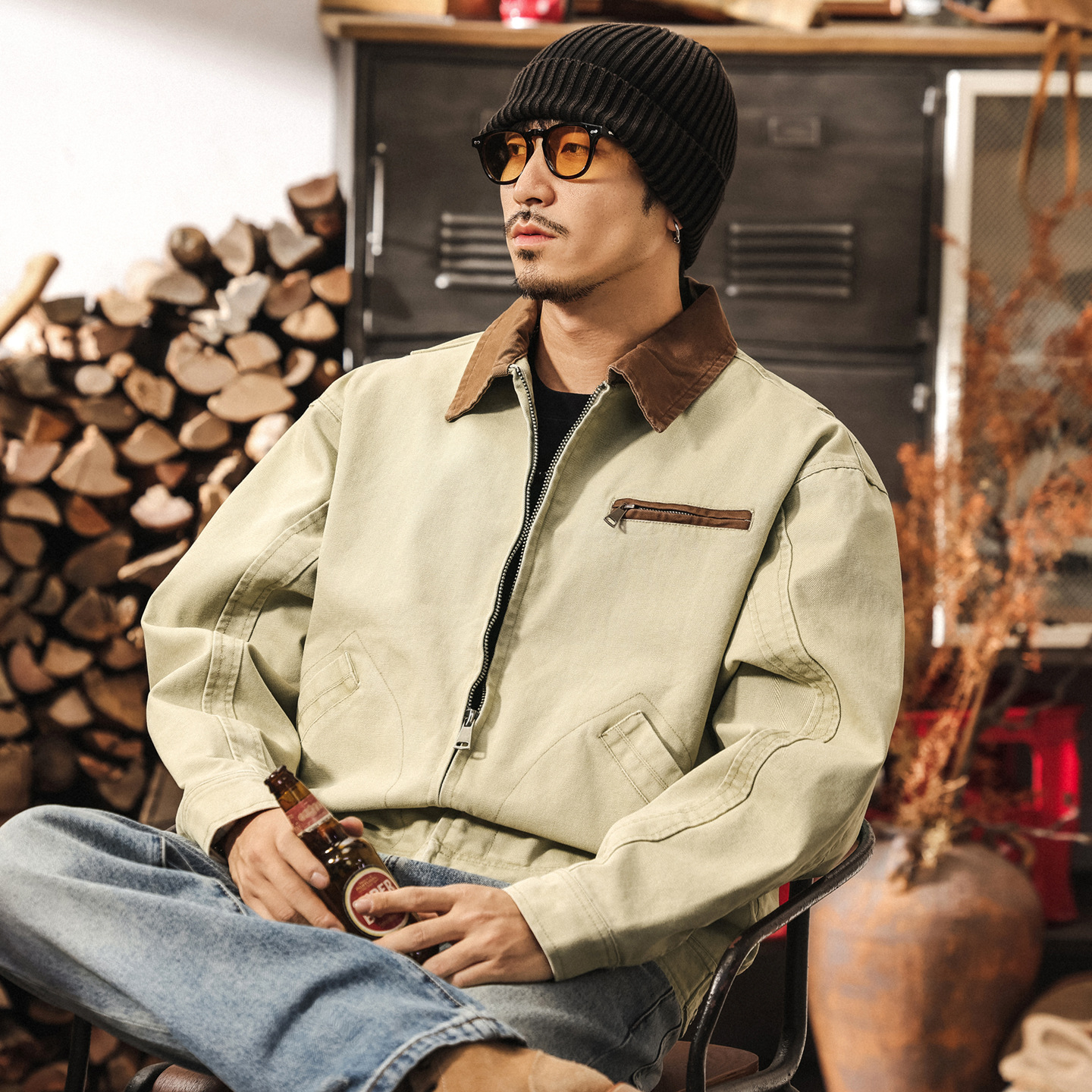 美式重磅復古雙股珠帆工裝外套男春秋潮牌寬鬆底特律獵裝男士夾克