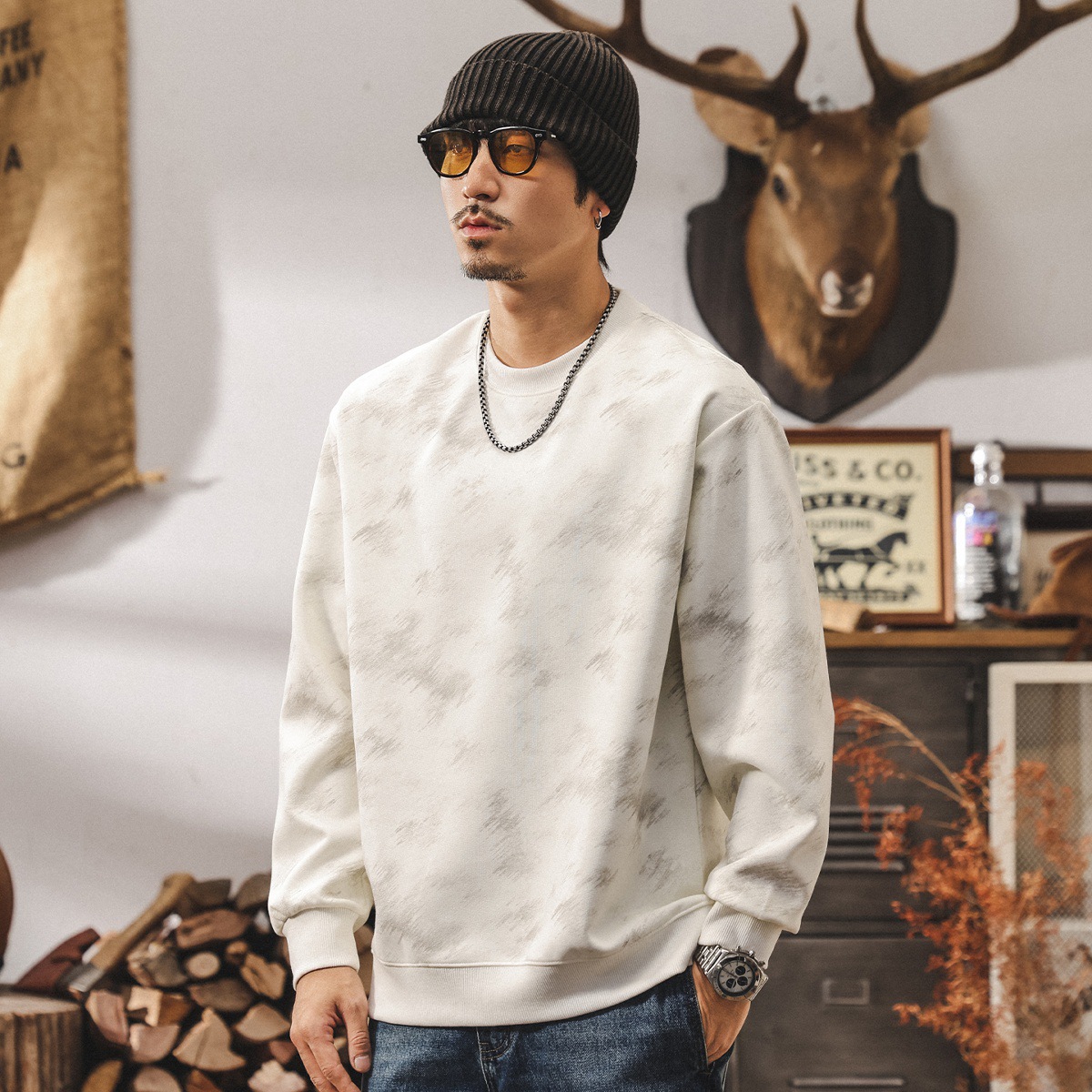 美式復古髒髒扎染重磅衛衣男2025新款潮流寬鬆大碼休閒圓領上衣男