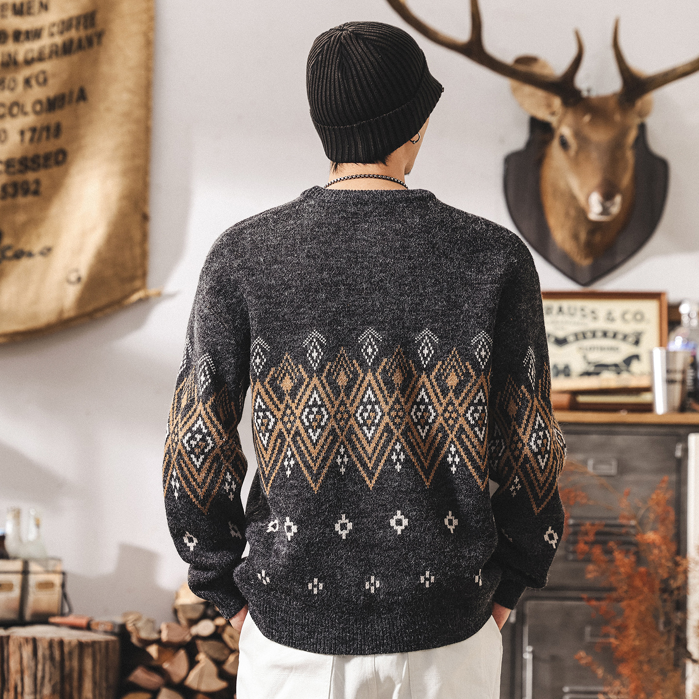 美式復古提花費爾島毛衣男秋冬2025新款潮流民族風寬鬆男士針織衫