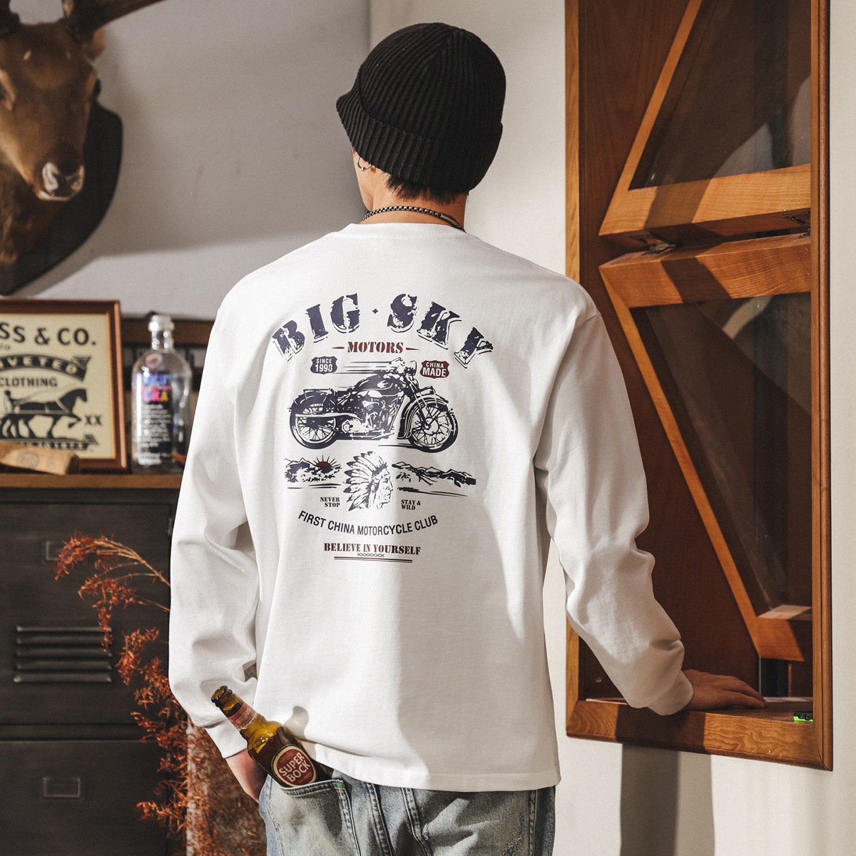 美式復古重磅t恤男長袖春秋新款潮牌機車印花寬鬆休閒純棉上衣男T