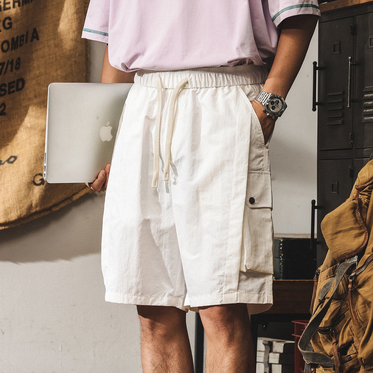 美式復古冰絲薄款短褲男夏季新款拼接潮牌中褲速乾戶外工裝五分褲