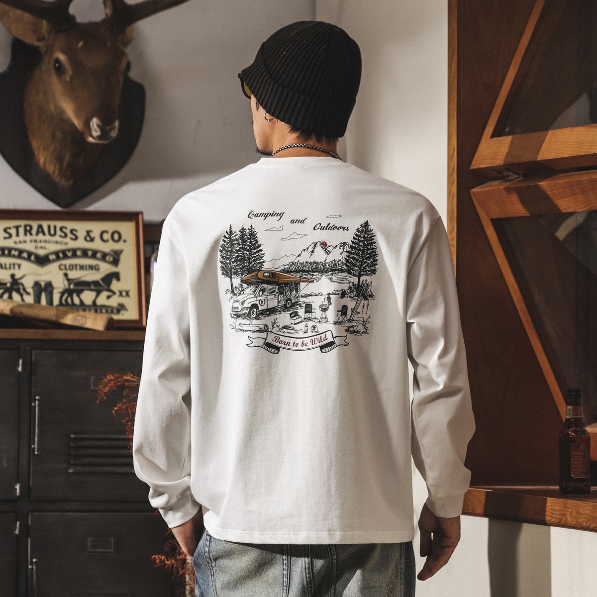 美式復古重磅長袖男t恤春秋潮牌新款山系男裝戶外印花寬鬆上衣男T