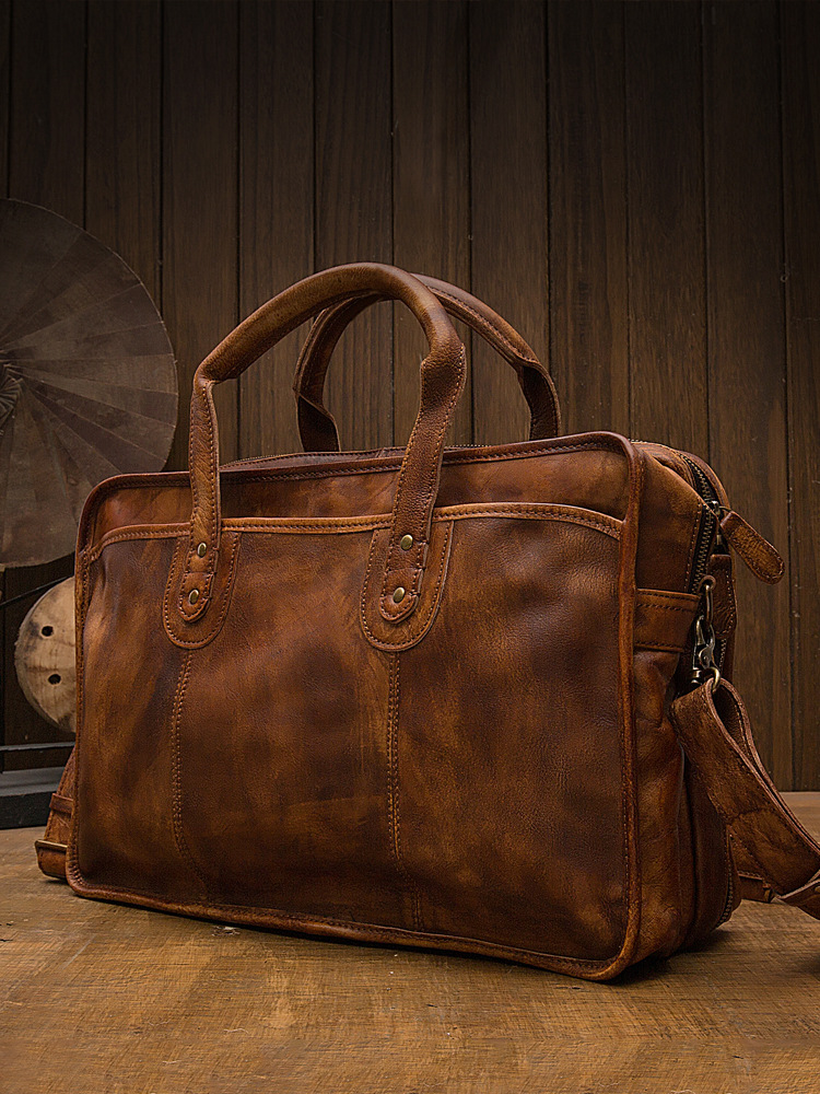 手工男士復古公文包手提男包頭層牛皮旅行包男款單肩斜挎包電腦包