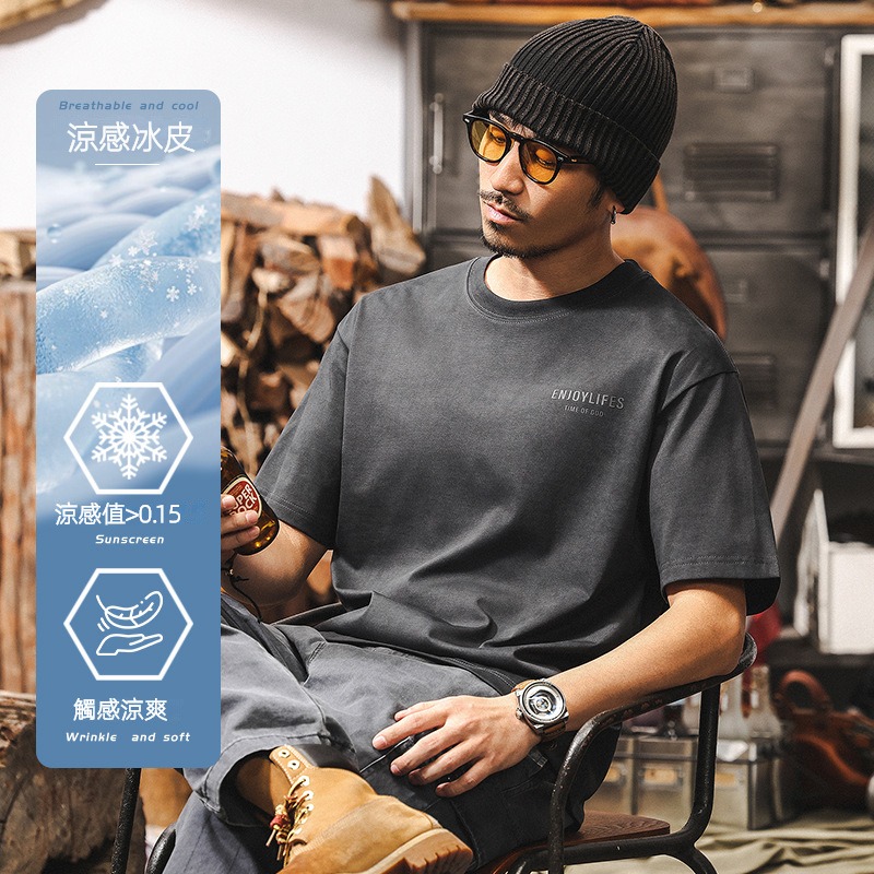 【雲染洗褪】涼感T恤男夏季2025新款短袖潮流美式復古寬鬆上衣男