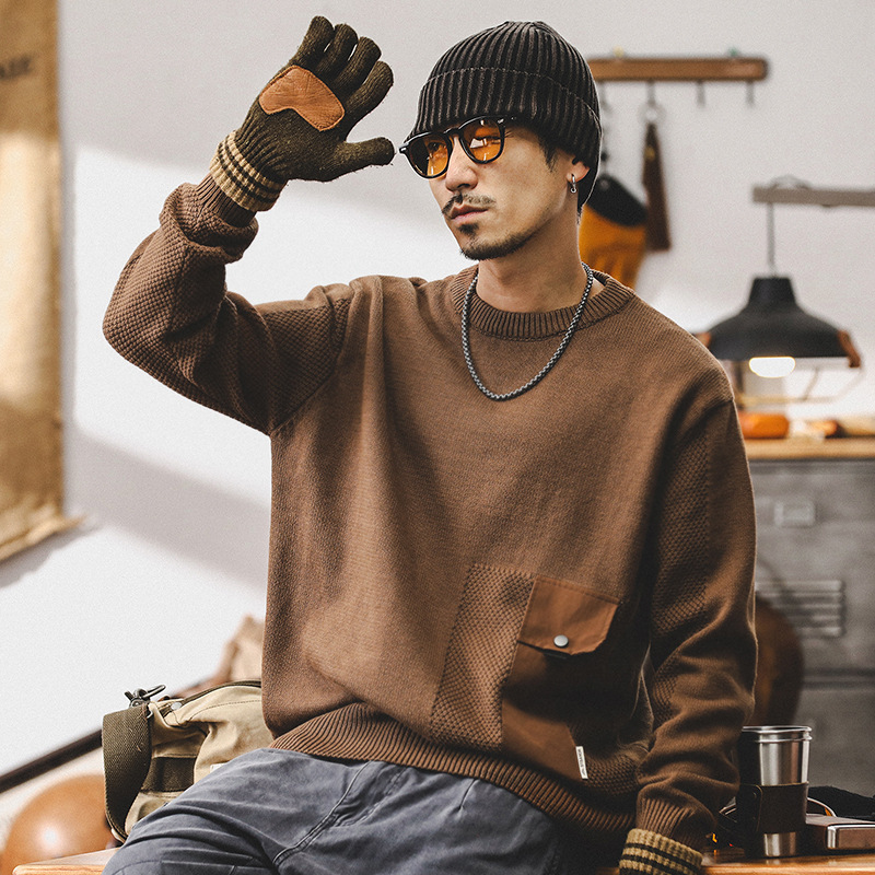 美式復古重磅針織衫男款冬季潮牌口袋拼接毛衣慵懶風男士寬鬆上衣