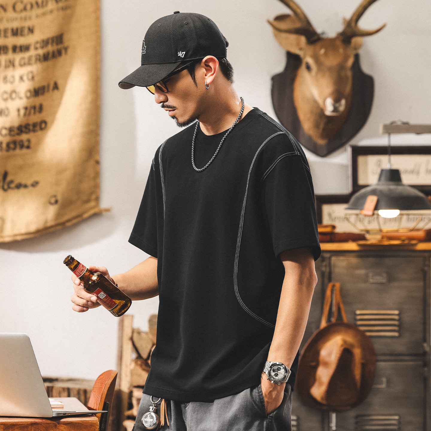 美式潮牌拼接T恤男短袖夏季新款潮牌2025寬鬆大碼休閒男士上衣潮T