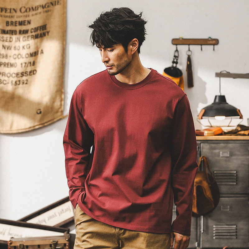 美式復古長袖T恤男秋季重磅打底衫潮牌寬鬆男士休閒圓領上衣