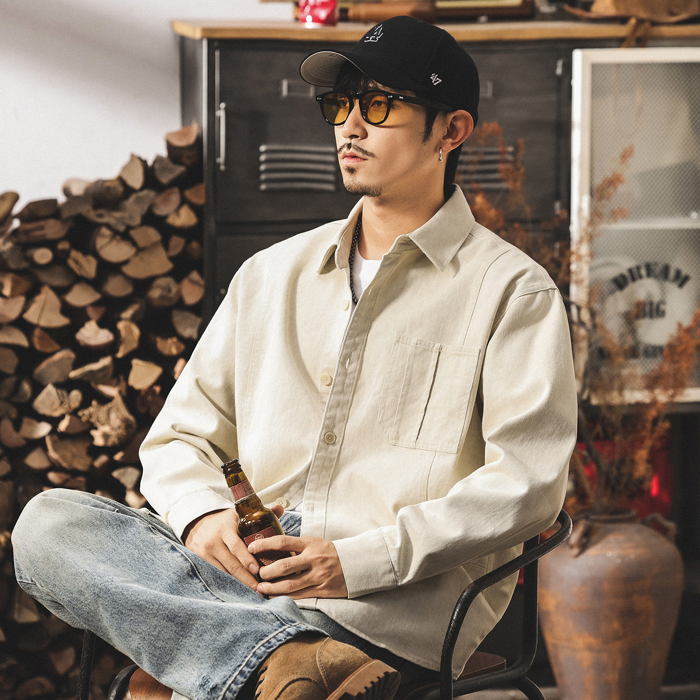 美式復古工裝襯衫男長袖秋季潮牌寬鬆休閒外套男春秋男裝襯衣