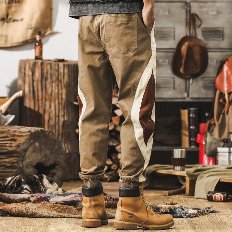 美式復古工裝褲子男秋季2024新款戶外潮牌寬鬆拼接束腳休閒長褲男