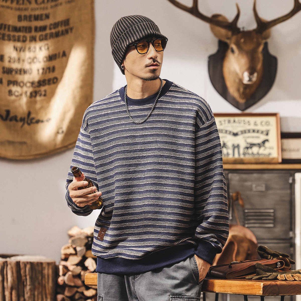 美式復古350g重磅衛衣男秋季新款潮牌肌理條紋海魂寬鬆休閒上衣男