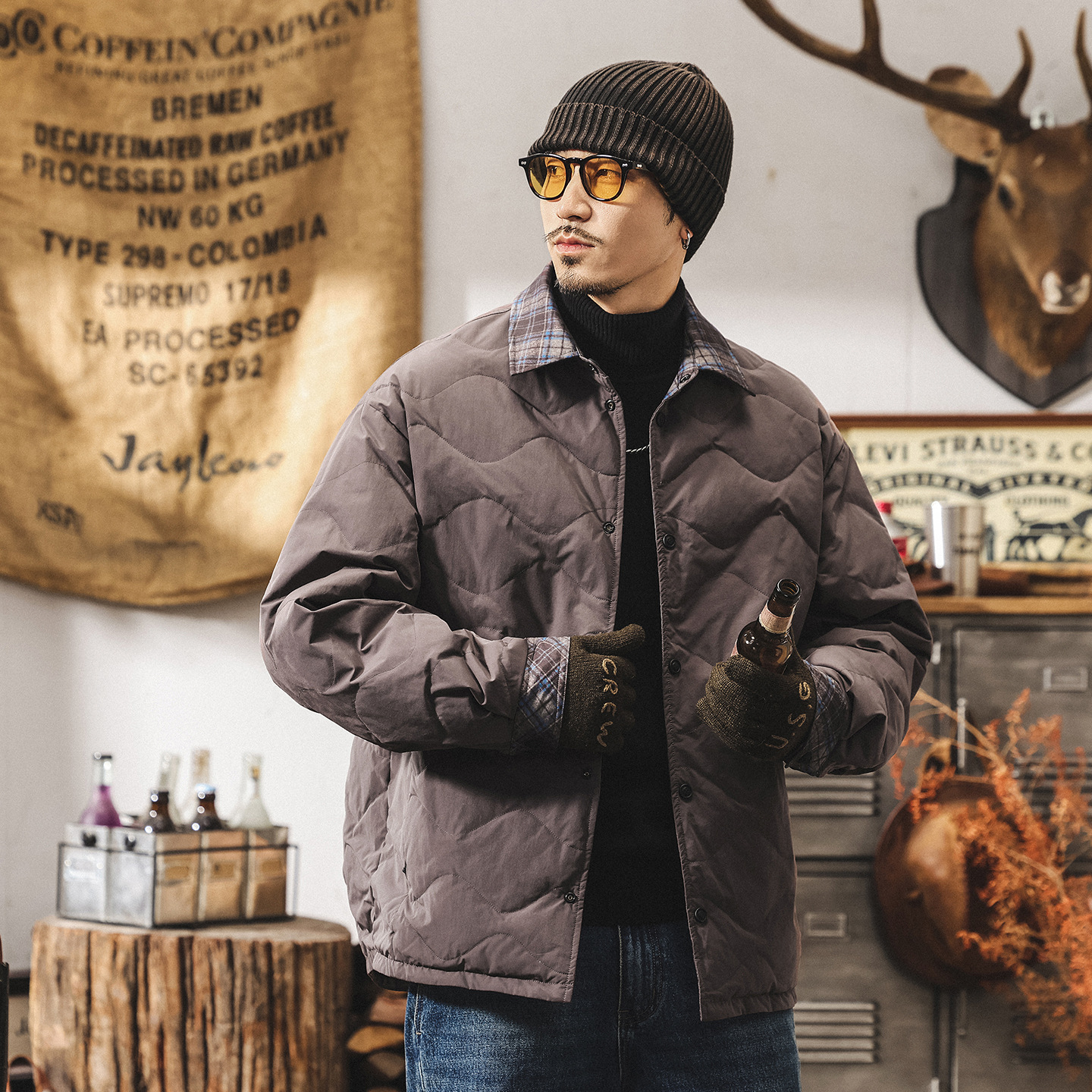 雙面穿美式復古90%純白鴨絨輕薄羽絨服男冬季潮牌襯衫羽絨外套男