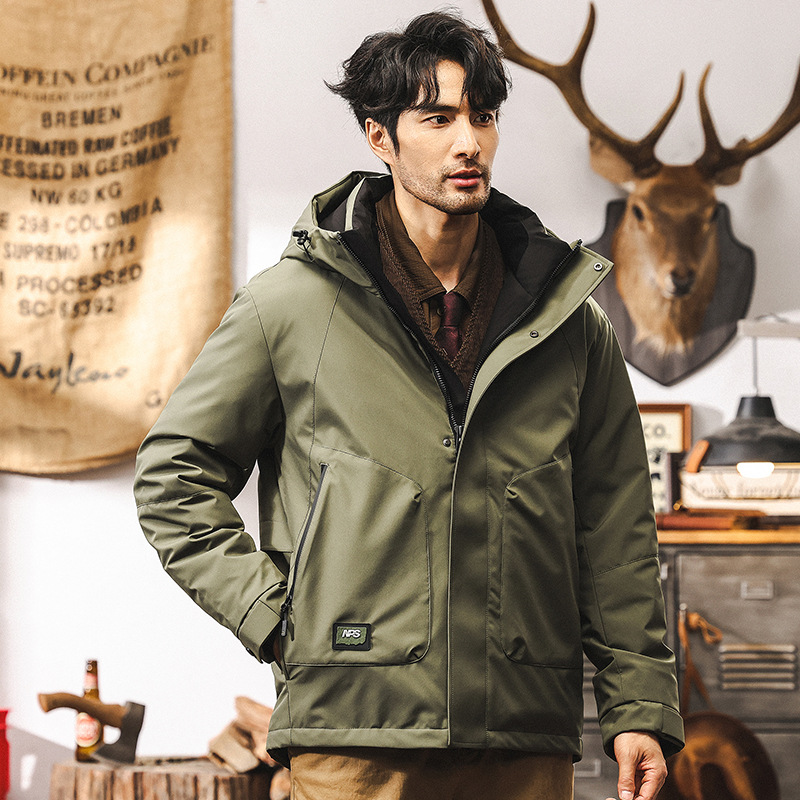 美式復古90絨石墨烯羽絨服男冬季戶外機能連帽工裝派克服男士外套