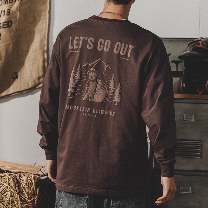 美式復古山系長袖T恤男秋季2024新款潮牌230g重磅寬鬆上衣男