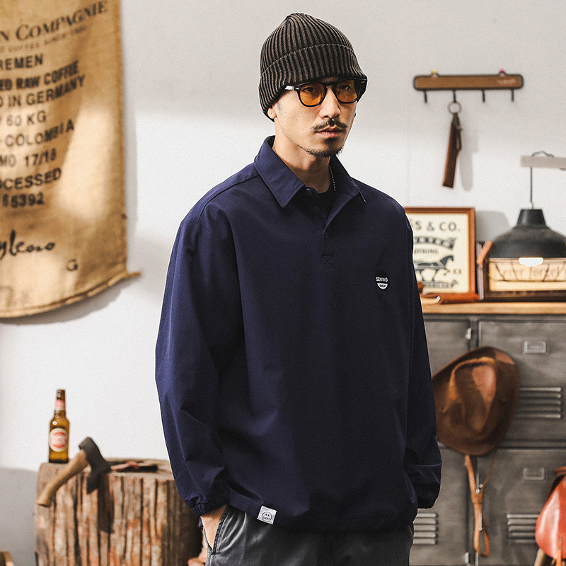 【四面彈力】美式山系復古POLO領襯衫男長袖寬鬆秋季戶外休閒襯衣