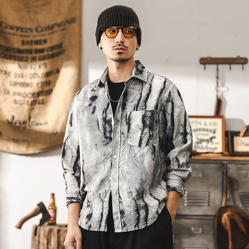 國風扎染印花長袖襯衫男春季2025新款潮流高級感寬鬆休閒襯衣外套