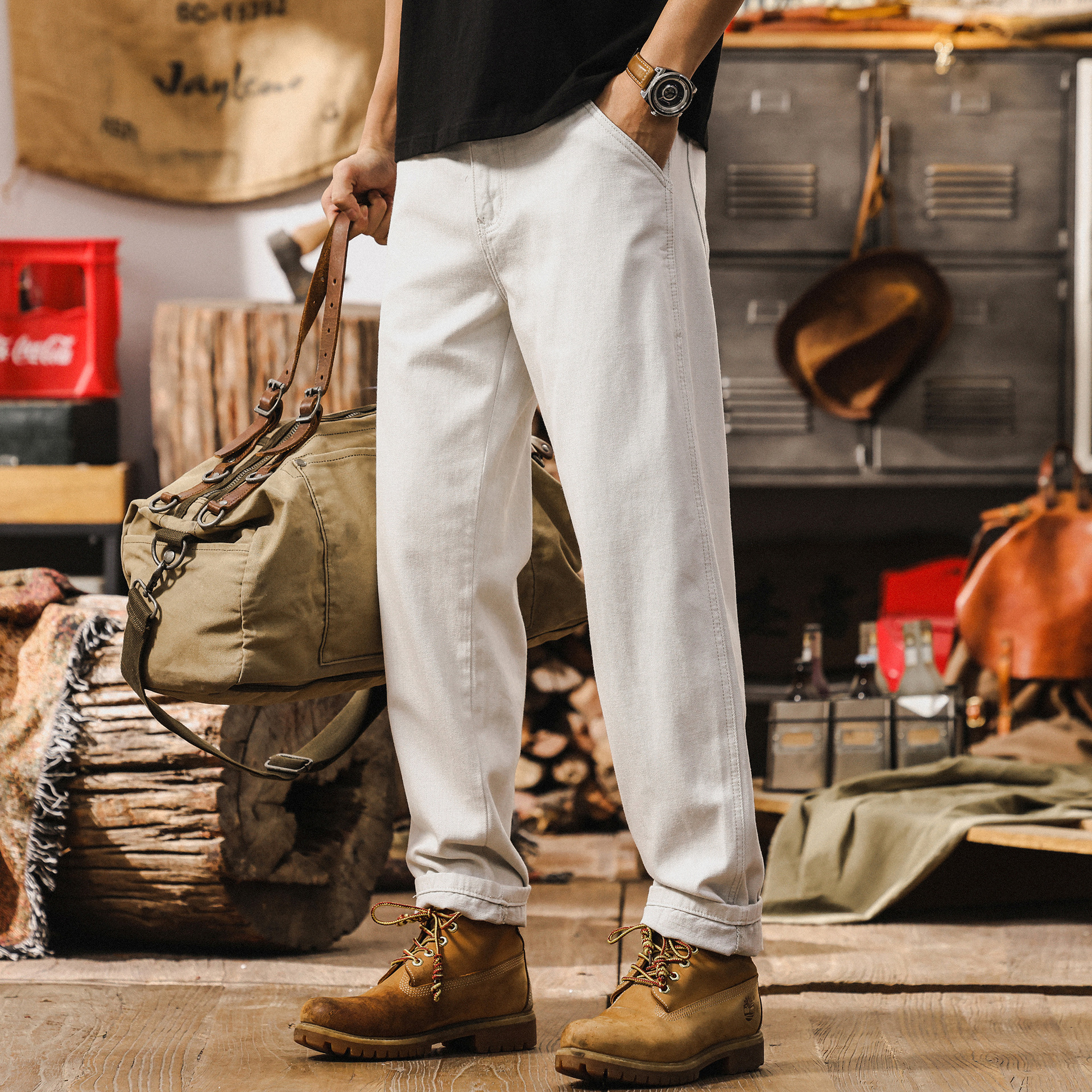 美式復古白色牛仔褲男夏季2025新款潮牌褲子男寬鬆直筒男士休閒褲